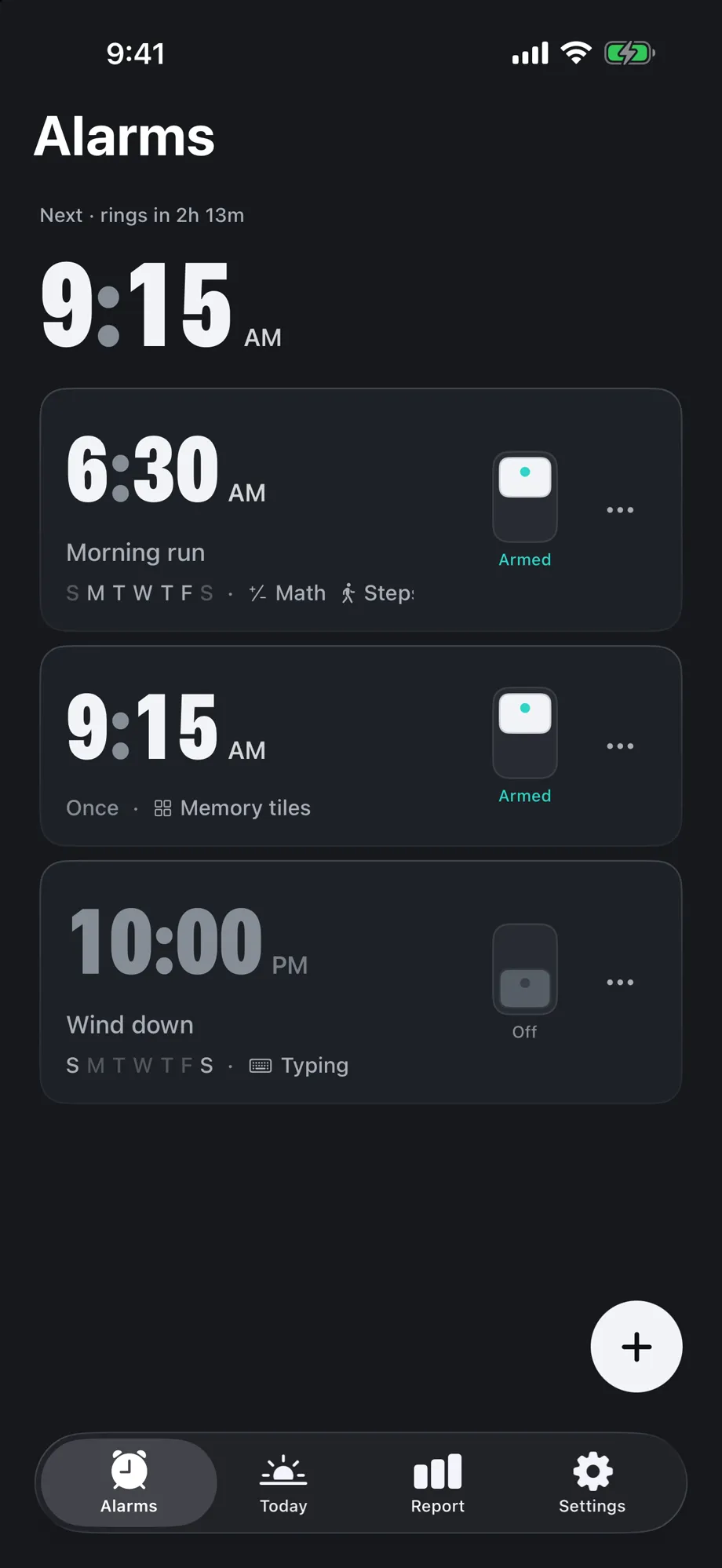 The alarms list with the next alarm in large numerals.