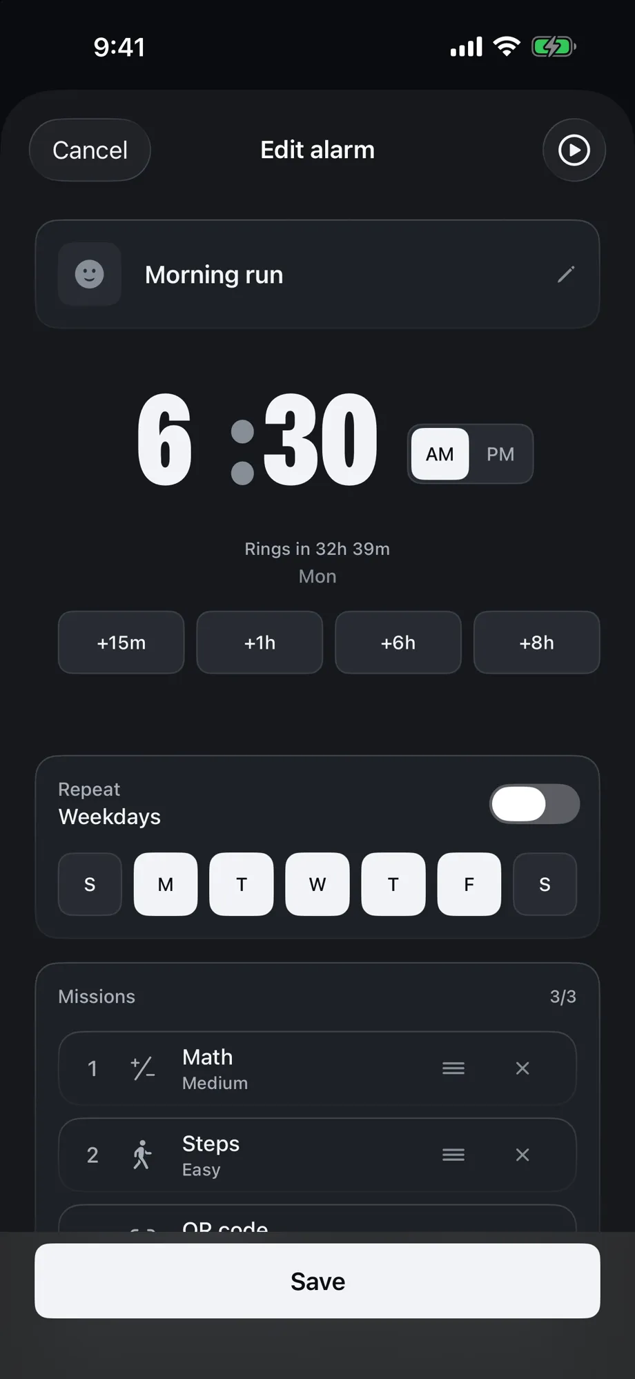 The alarm editor with three missions stacked: Math, Steps, QR code.
