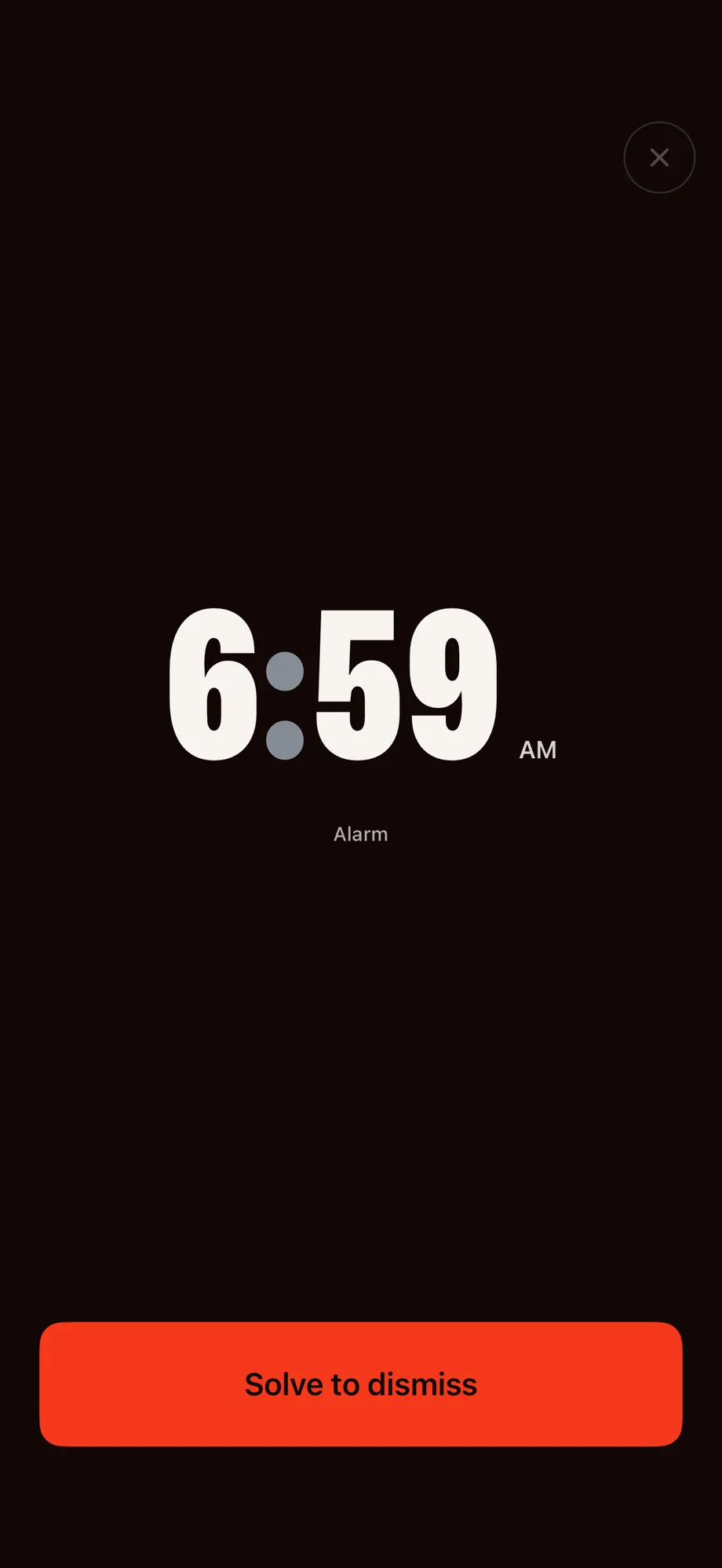Wakeproof ringing on an iPhone: the time in large numerals above a Solve to dismiss button.