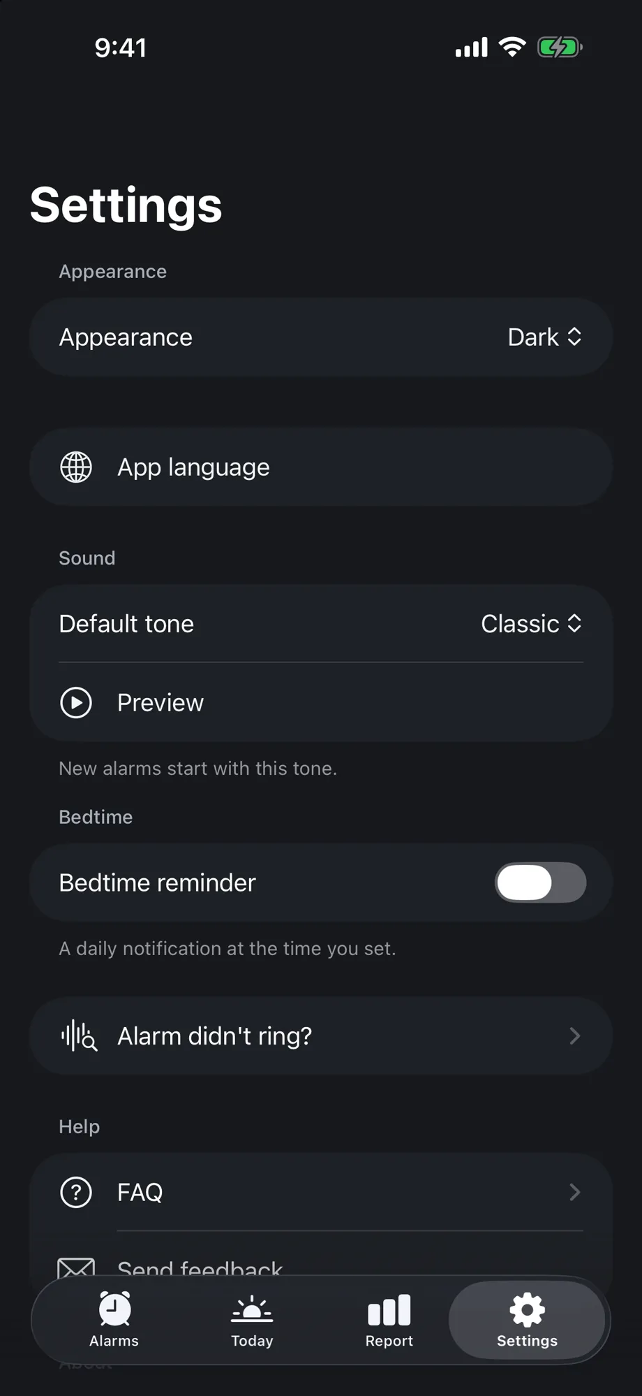 The settings screen: appearance, app language, sound, bedtime reminder.